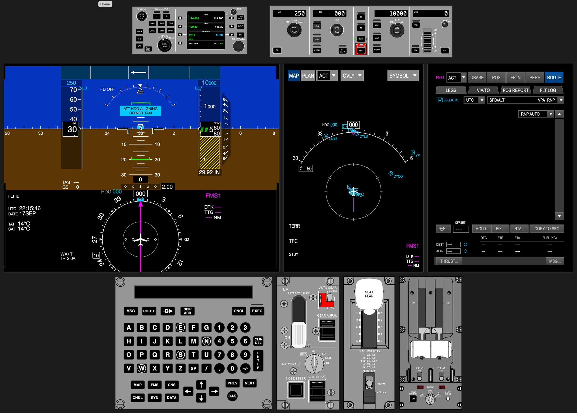 A220 FMS Trainer — PFD, MFD, FMS pages, tuning and flight control panels, keyboard, and pedestal