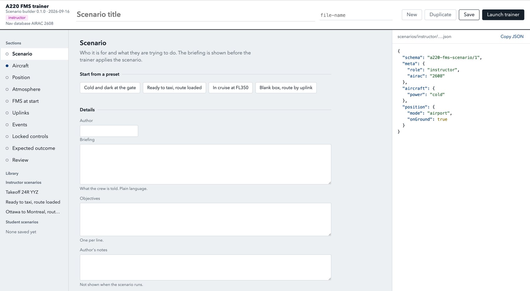 A220 FMS Trainer — scenario builder