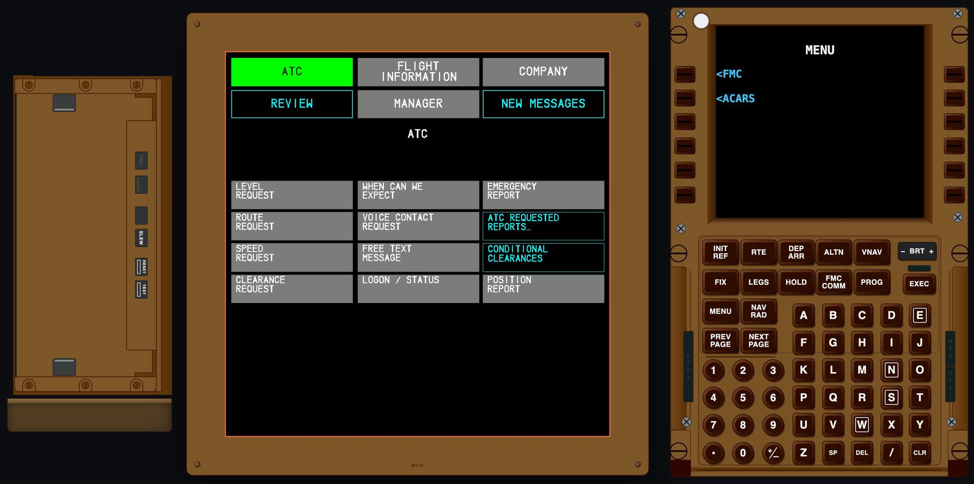 ACARS/CPDLC Trainer — printer, datalink MFD on the ATC page, and CDU