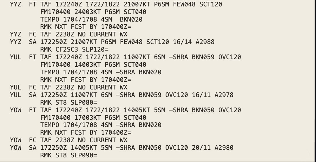 ACARS/CPDLC Trainer — the same TAF/METAR uplink as printed by the flight deck printer