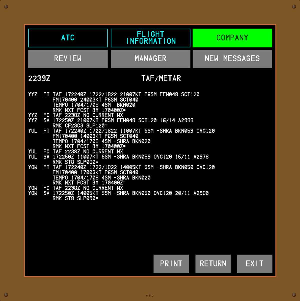 ACARS/CPDLC Trainer — company TAF/METAR uplink on the datalink MFD