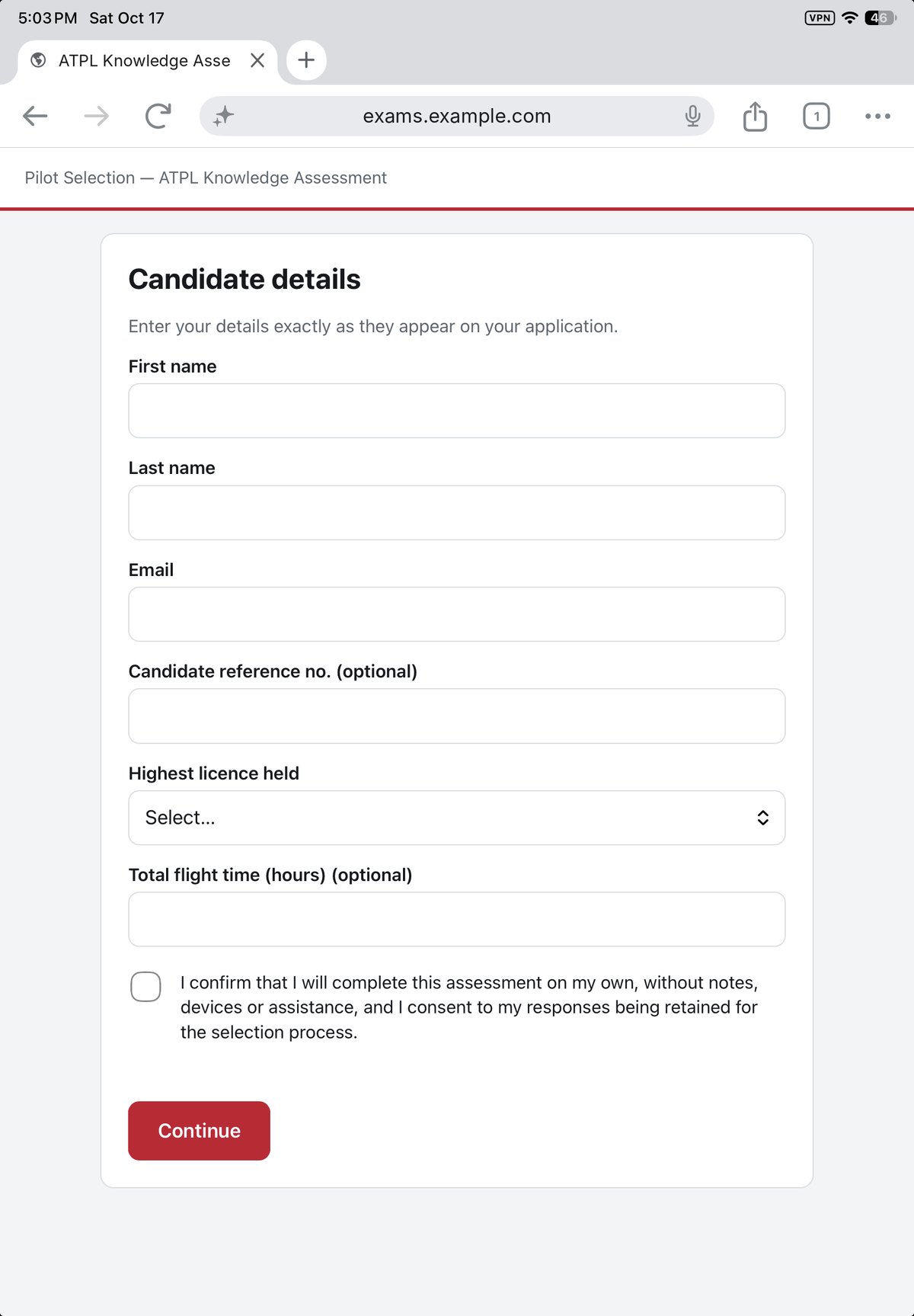 Flight Operations Exams — candidate details screen on an iPad, before the exam starts
