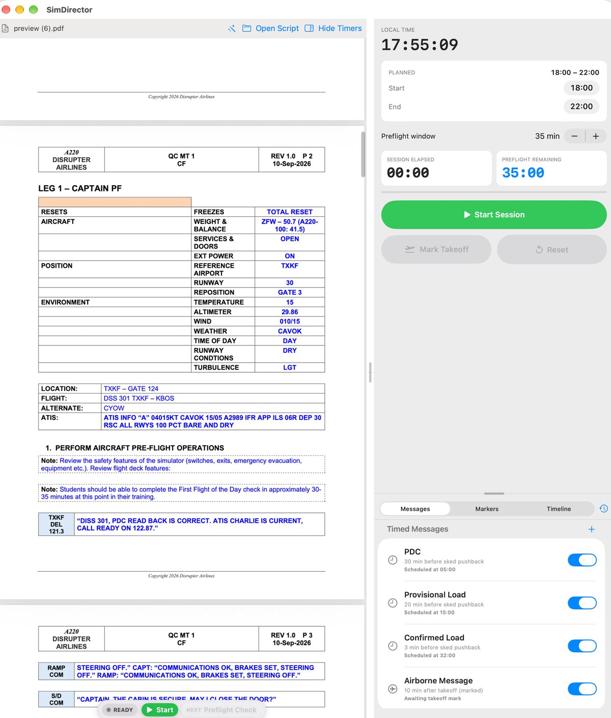 SimDirector — session script beside the timers, ready to start, with the timed crew messages listed